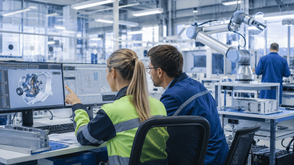 Na obrazie przedstawiono nowoczesne środowisko przemysłowe, w którym dwoje inżynierów analizuje projekt techniczny wyświetlany na monitorach komputerowych
