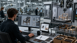 Na obrazie przedstawiono nowoczesne, przestronne wnętrze hali produkcyjnej, w której projektowanie produktu jest bezpośrednio połączone z jego wytwarzaniem