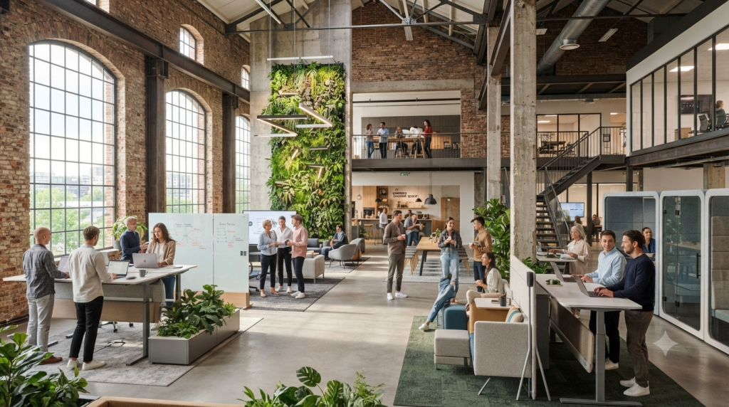 Grafika przedstawia nowoczesną przestrzeń biurową typu open space, zaaranżowaną w zrewitalizowanym, industrialnym budynku z wysokimi sufitami i widocznymi konstrukcjami stalowymi