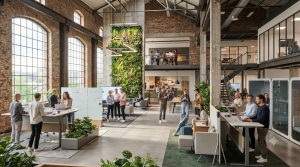 Grafika przedstawia nowoczesną przestrzeń biurową typu open space, zaaranżowaną w zrewitalizowanym, industrialnym budynku z wysokimi sufitami i widocznymi konstrukcjami stalowymi