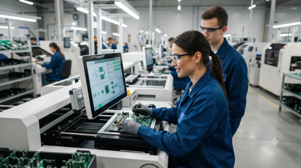 Obraz przedstawia wnętrze nowoczesnej hali produkcyjnej, w której dwójka pracowników – kobieta na pierwszym planie oraz mężczyzna stojący za nią – wykonuje zadania związane z kontrolą jakości lub montażem podzespołów elektronicznych